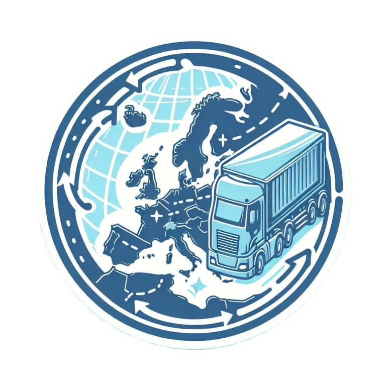 Circle icon of the map of Europe illustrating product shipping within Europe in sky blue colo